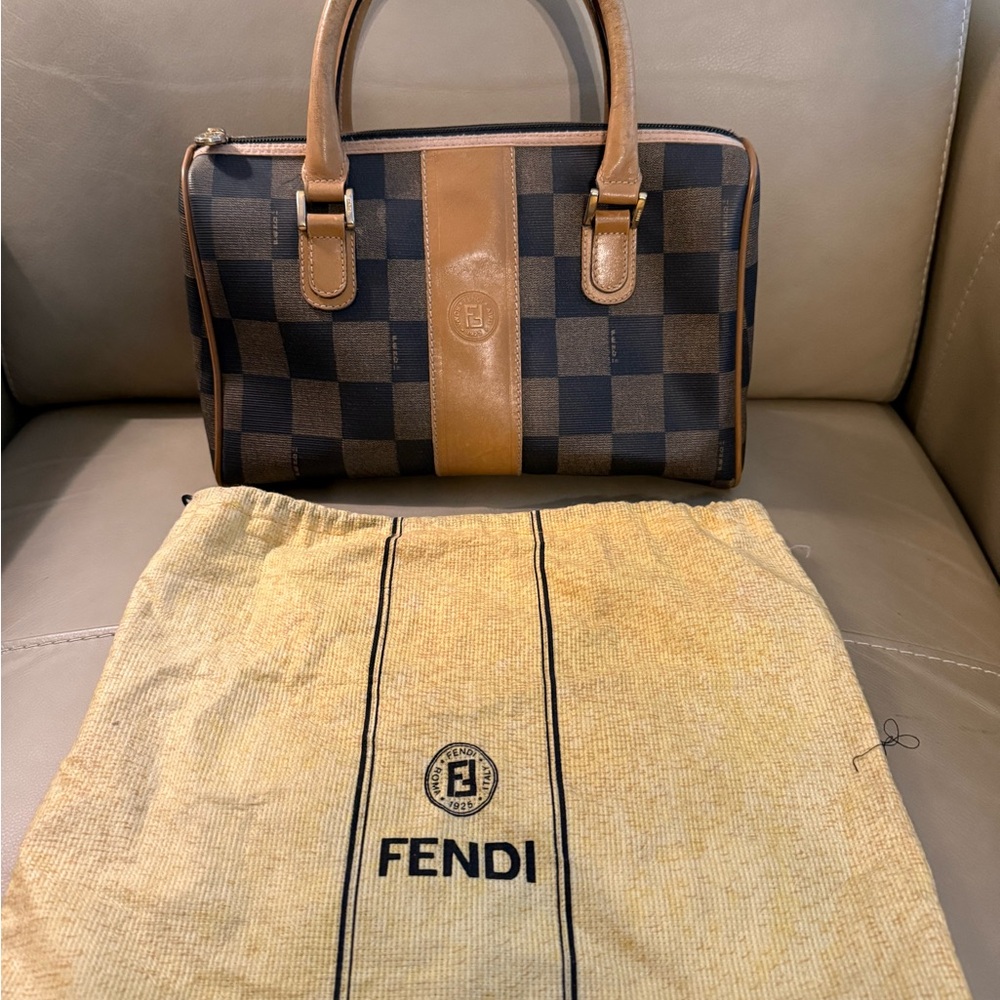 Fendi Brown and Tan Satchel with Checkered Pattern